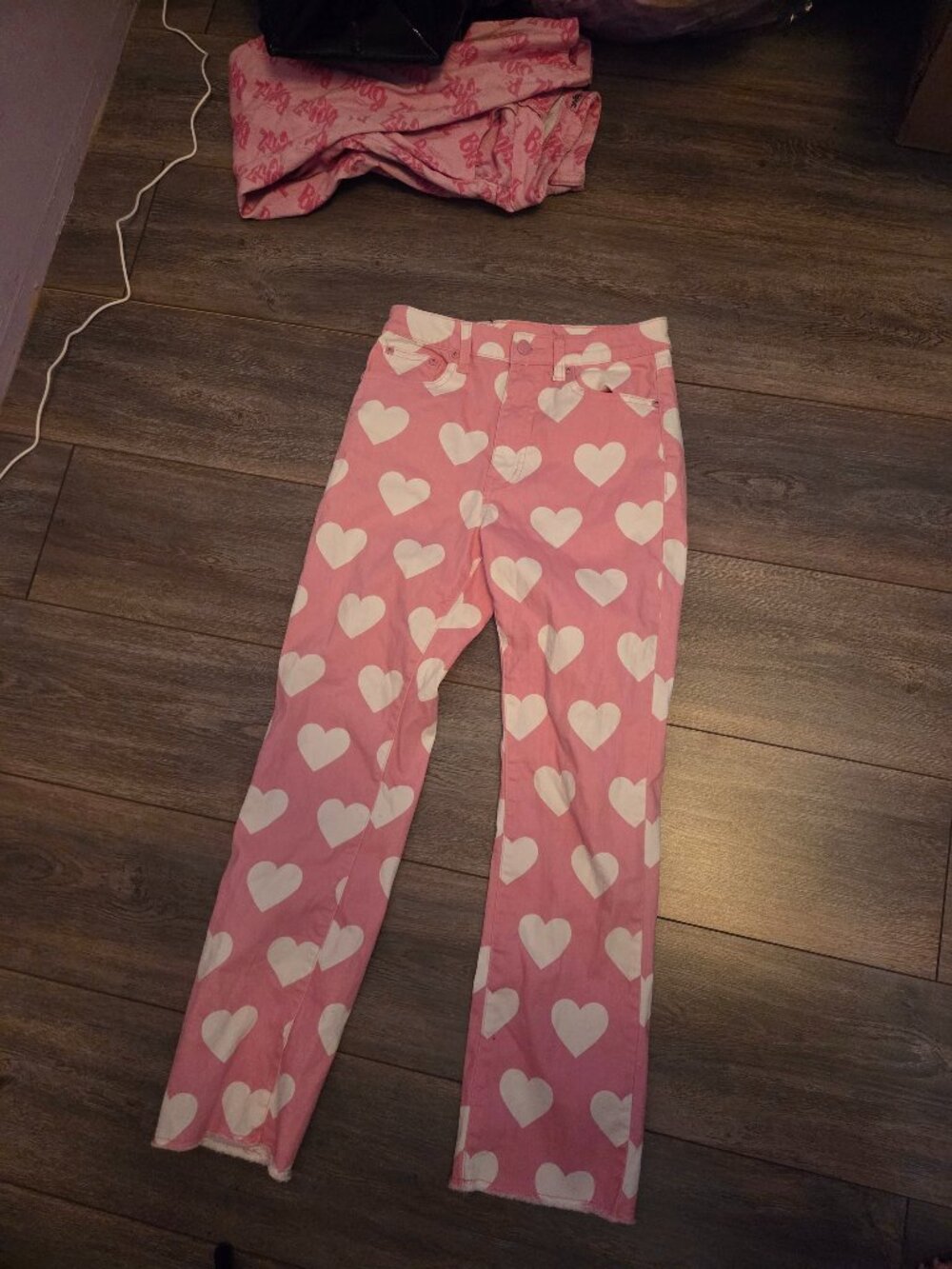 Lazy Oaf 3/4 length jeans pink and white hearts